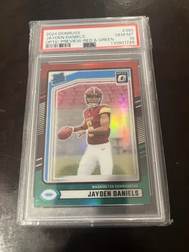 2024 DONRUSS JAYDEN DANIELS OPTIC RATED ROOKIE PREVIEW RED AND GREEN PSA 10