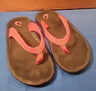 OluKai Kulapa Kai Pink Leather Flip Flops Thong Sandals US Kids Sz 4/5 EU 