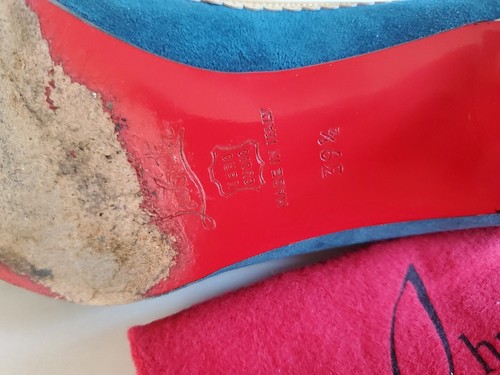 Christian Louboutin Teal Suede Gold Trim Mid High Heel Pumps W Bag 39.5 US 8.5 - Picture 21 of 23