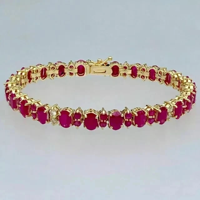 12.0 Ct Oval & Round Pink Ruby Tennis Women's Bracelet 14K Yellow Gold Plated - Image 3 of 4