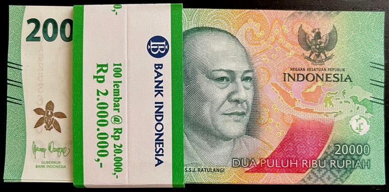 Indonesia 20000 Rupiah x 100 P-166 2022-2024 Bundle 2,000,000 UNC IDR Money NOTE