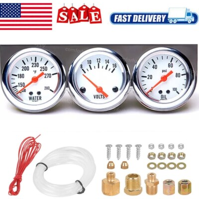 #ad 3 in 1 2quot; 52mm Chrome Car Triple Gauge Set Water Temp Oil Pressure Volt Meter $19.79
