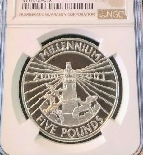 2001 ALDERNEY SILVER 5 POUNDS MILLENNIUM NGC PF 69 ULTRA CAMEO TOP POP BEAUTY
