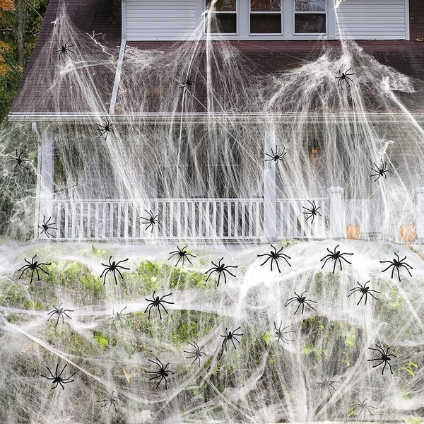 Telaraña de Halloween telaraña elástica con 50 arañas pequeñas interior/exterior 1000 pies