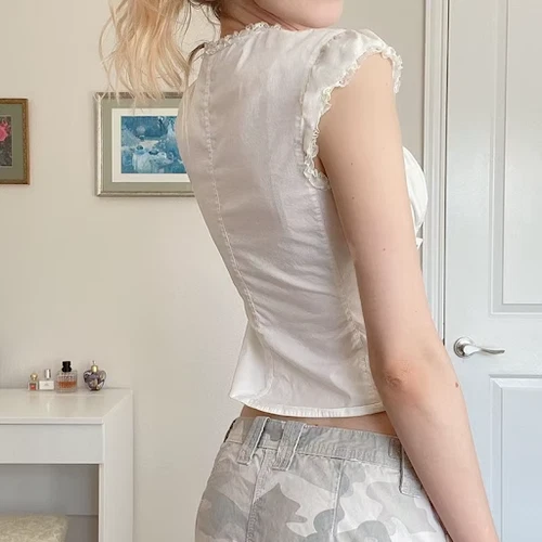 y2k White Crop Top Button Ruffle Trim Tie up Short Sleeve T Shirt Women Bandage