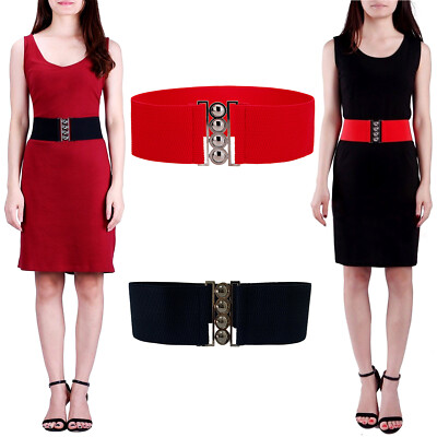 Womens Fashion Elastic Cinch Belt 3'' Wide Stretch Waist Band Clasp Buckle