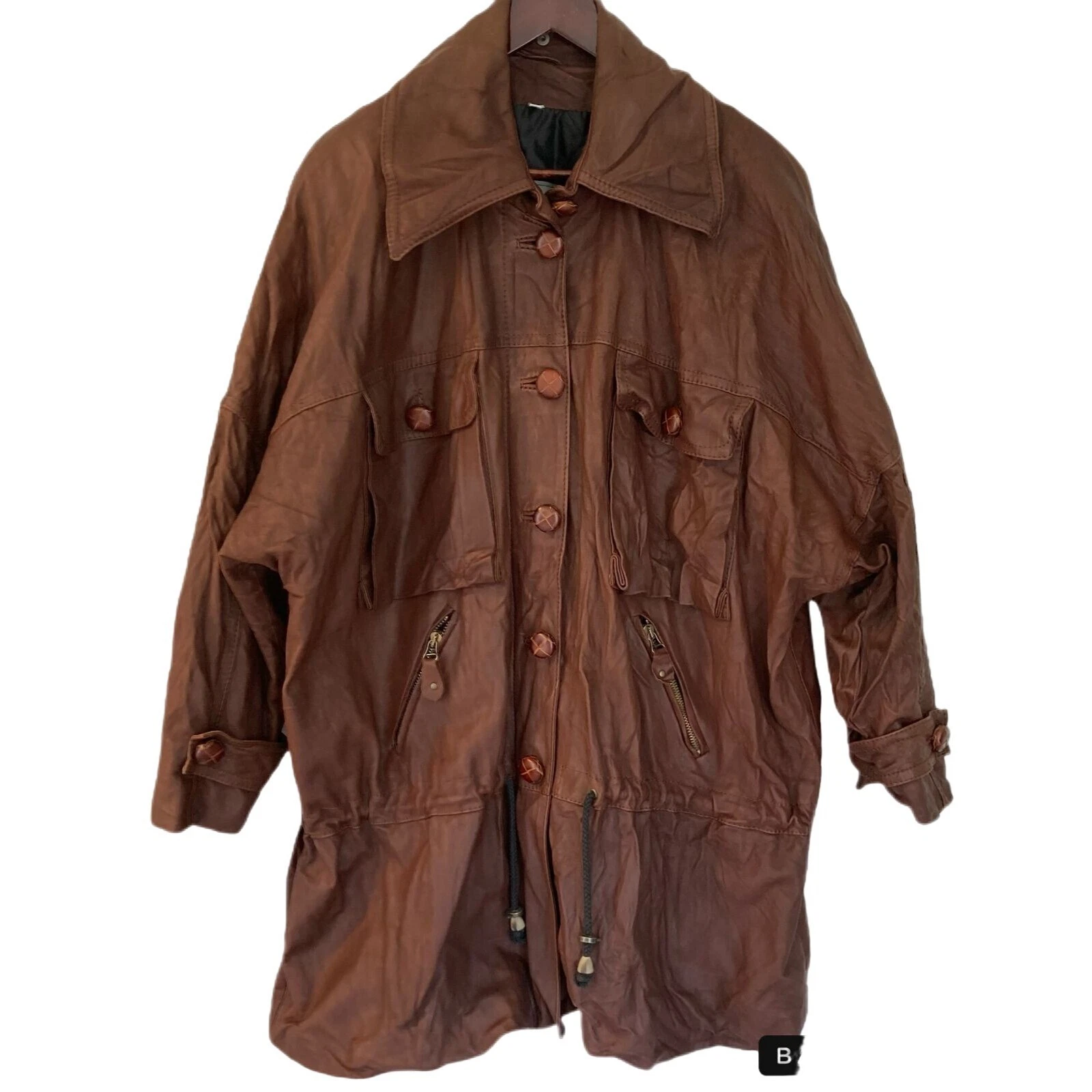 Vintage Brown Leather Jacket Coat 80s Benedikte Utzon Greenland Drawsting Mens M