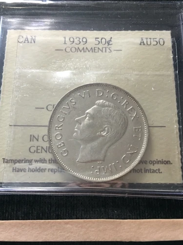 1939   ICCS Graded Canadian Silver 50 Cent, **AU-50** # XGR 689