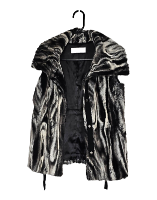T Tahari Womens XS Black Gray Faux Leather Fur Vest Snap Button
