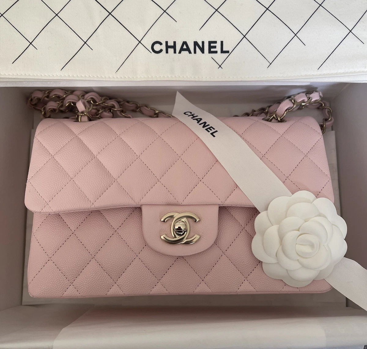 NIB CHANEL SMALL FLAP ROSE CLAIR SAKURA CAVIAR MADE IN FRANCE 22C