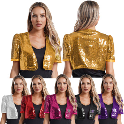 Women Sequin Shrug Short Sleeve Open Front Cropped Cardigan Dance