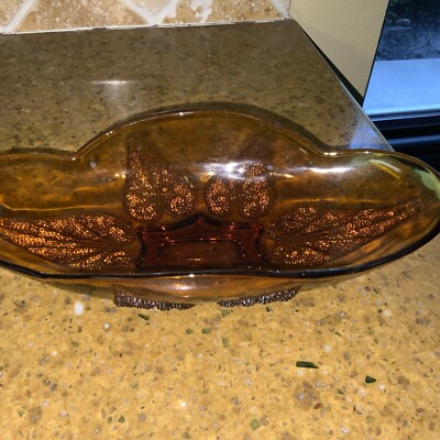 Vintage Anchor Hocking Renaissance Leaf Amber Glass Oval Relish Celery Dish