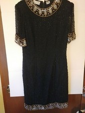 Vtg LAWRENCE KAZAR Womens Size L, Beaded Silk Dress, Black. Gold, Party, 908