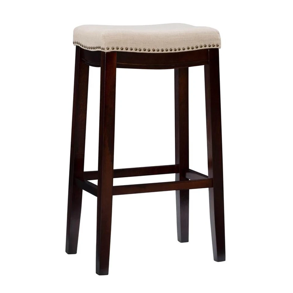 Linon Hampton Bar Stool Beige Padded Seat Wood Frame in Dark Walnut Brown - Image 2 of 4