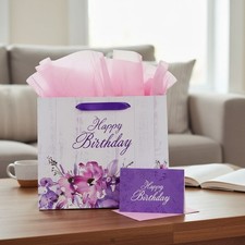 Happy Birthday Purple Floral Gift Bag with Card and Tissue Paper Large Size