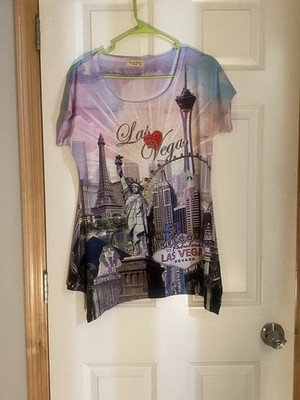 Seventh Avenue Rhinestone Las Vegas Cityscape Tunic Top Multicolor Short Sleeve
