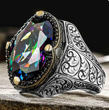 Handmade 925k Sterling Silver Mystich Topaz Stone Men's Ring Gift 002
