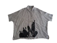 Alembika Cactus Button Down Shirt | XS | Grey 100% Linen Oversized Boxy Striped