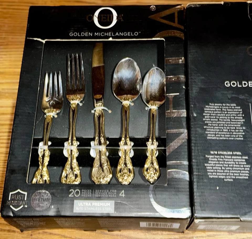 Juego de cubiertos de acero inoxidable dorado Oneida de 40 piezas para 8 bodas vacaciones formales Foto 2 de 3
