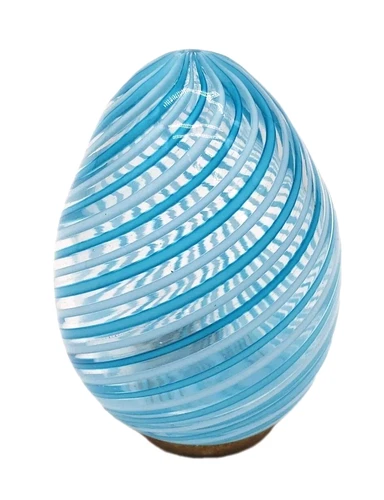 VTG Murano Glass Egg Paperweight Blue White Swirl Filigrana Stripes