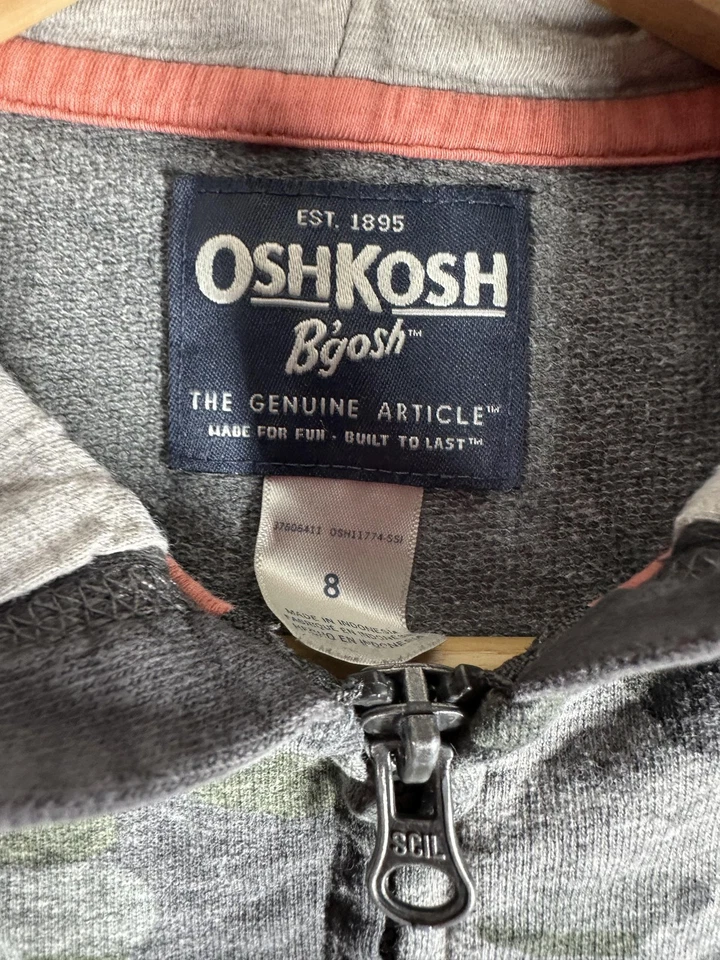 OshKosh B'gosh Hoodie Boys 8 Gray Green Camo Full Zip Raglan Kangaroo Pocket - Image 4 of 4