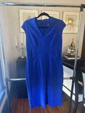Tahari Asl Midi Dress In Marine Blue With Notched Neck And Pleated Waist Size 10