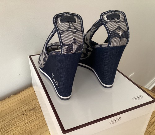 Coach Signature Tarrah Peep-Toe Denim Wedges - Size 8, 4 Inch Heel~NOS - Picture 7 of 11