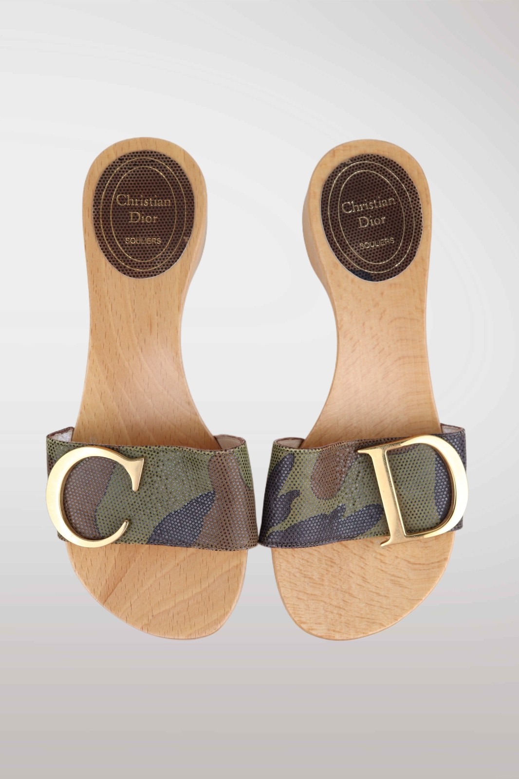 Vintage Christian Dior Buckle Camouflage Wooden Mules size EU35.5