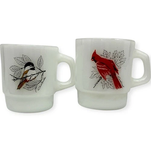 Vintage Anchor Hocking Fire King Coffee Mugs Song Birds Milk Glass USA Lot Of 2