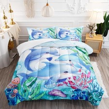 Dolphins Animal Aqua Blue Green Sea Comforter 3pcs Twin Kids Coral Jellyfish ...