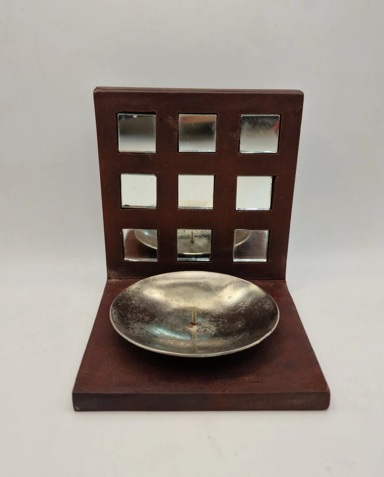 Set of 2 Rustic Mirrored Wall Pillar Candle Holders Wooden Square Sconce - Image 2 of 4