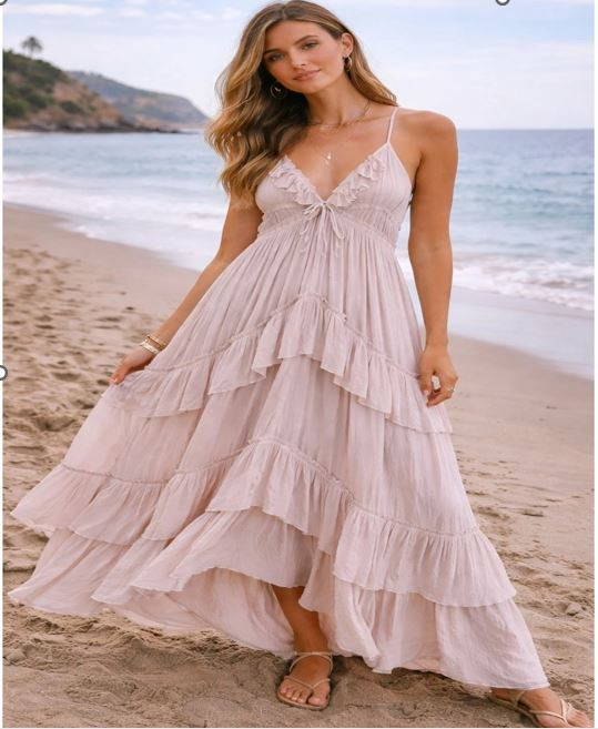Free People Beach | Santa Luz Maxi Dress Ruffle Halter Open Back Pink XL