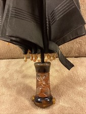 Antique Vintage Amber Bakelite Umbrella Handle Black Parasol Umbrella 24.5  