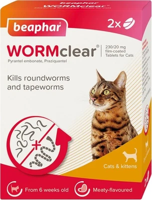 BEAPHAR WORMCLEAR for Cats Worming 2 Tablets Kills All Common Intestinal Worm UK