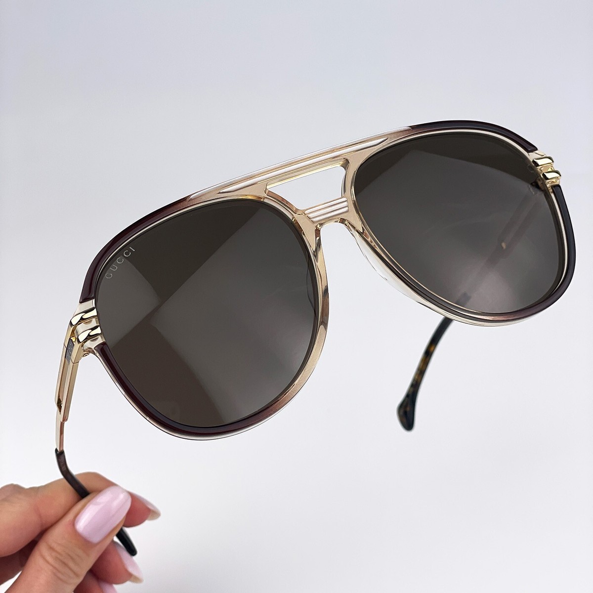 Gucci Men Sunglasses Transparent Brown Gold Brown Pilot  display picture 1