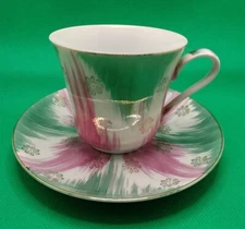 Stylecraft Porcelain Teacup & Saucer Made in Japan #1250 Pink Green White Gold