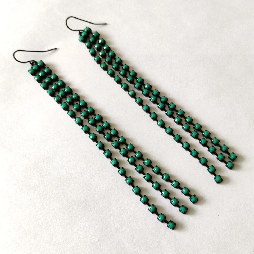 Gun Metal Faux Turquoise Bead Long Fringe Duster Earrings  4 3/8 inch - Image 3 of 4