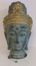 STATUE TÊTE BOUDDHA BRONZE PATINE VERTE & OR POLYCHROME ASIE BOUDDHISME