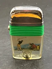 Vintage Scripto Golf Scene Pocket Lighter with Green Band.