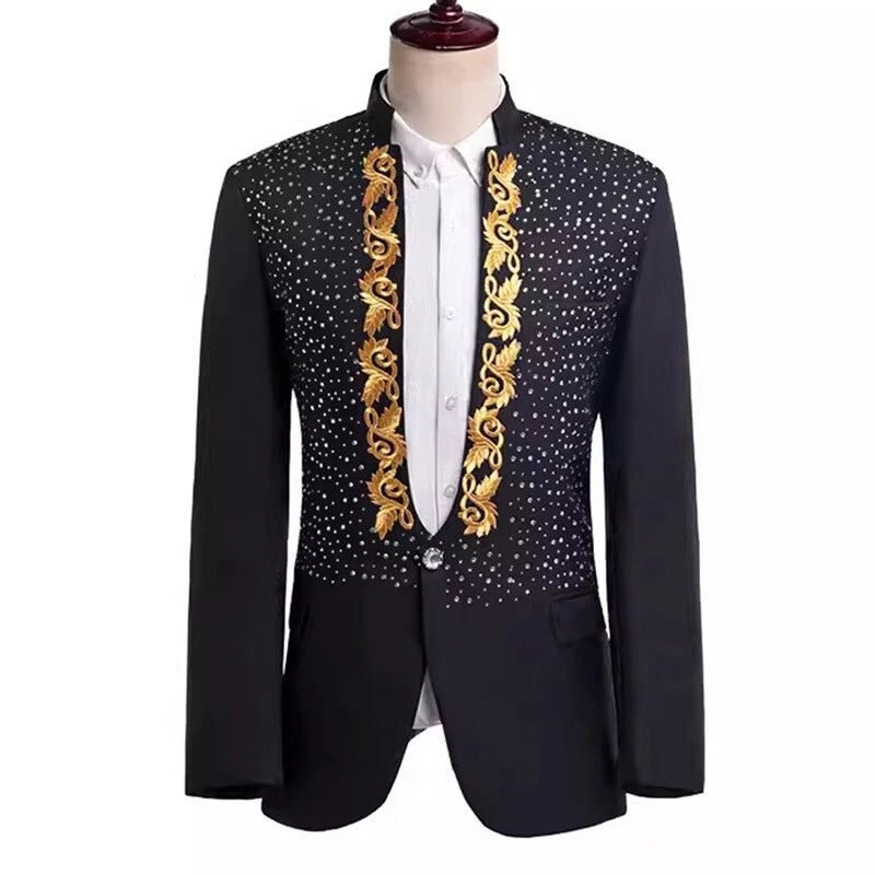 Men Embroidery Rhinestone Suit One Button Blazer Jacket Coat Business Party Suit