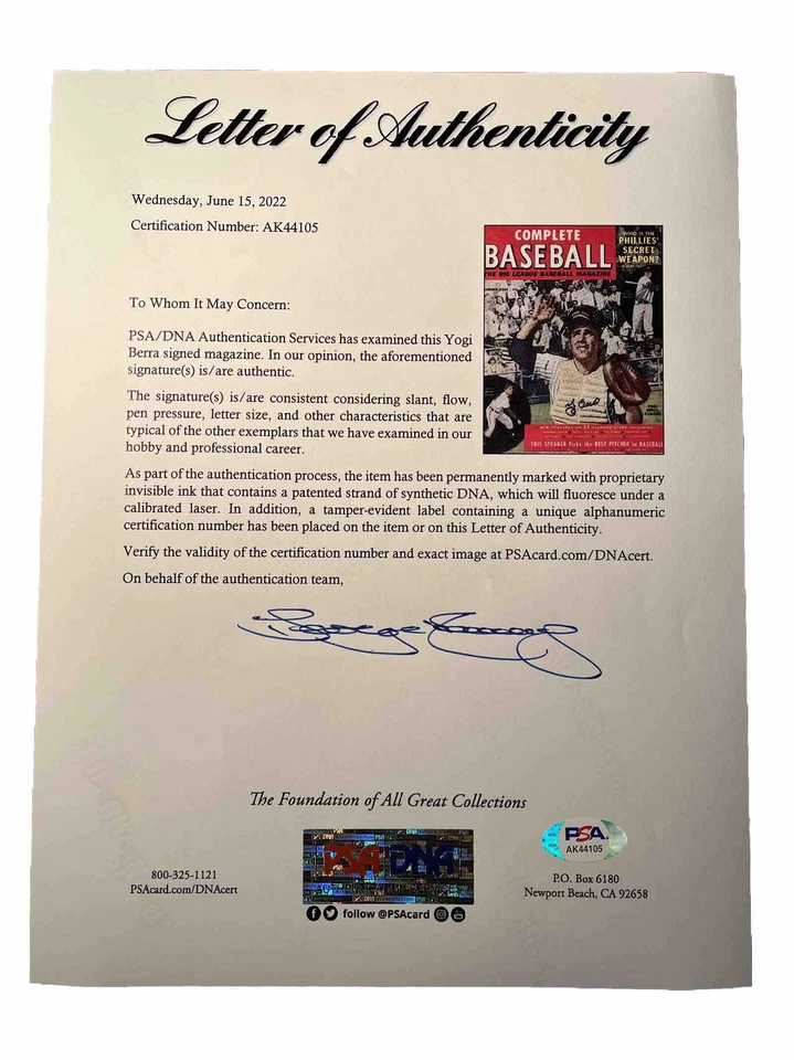 Complete Baseball 1950 Yogi Berra, Yankees Signed Mag, PSA/DNA Auto,(B102) - Image 2 of 4