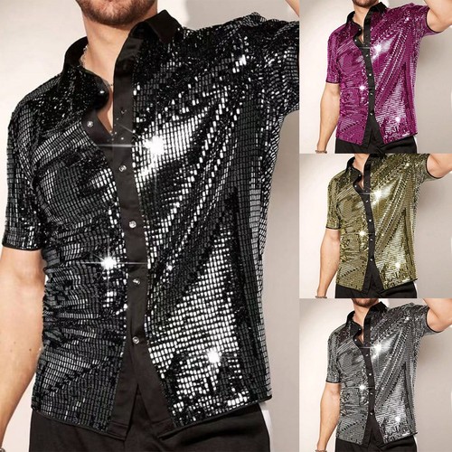 Men's Shiny Disco Shirt with Sequin Detail Short Sleeve Black Gold Purple - Picture 4 of 23
