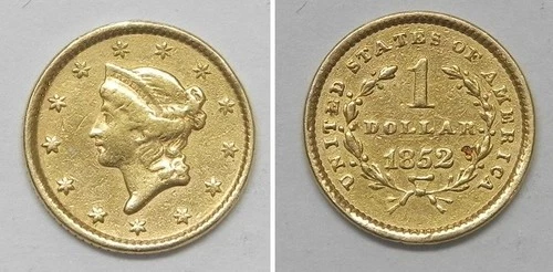 X7208  1852 USA One $1 Liberty Gold Dollar Coin, XF details, cleaned