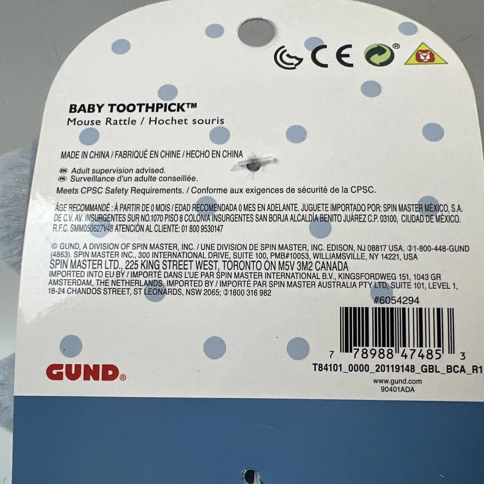 Palillo de dientes Baby Gund ratón sonajero peluche animal de peluche 7,5" beige recién nacido 0+ nuevo Foto 3 de 3