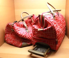 Vtg 2 DIANE VON FURSTENBERG - Red Wheeled Luggage Travel Bag & Carry On Size DVF