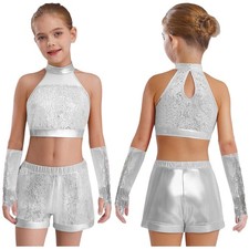 Girl's Shiny Dance Shorts Set Hip Hop Clothes 3 Pcs Disco Party Jazz Costumes