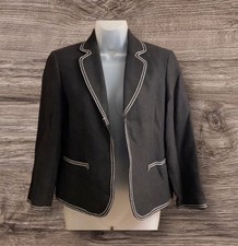 Vtg Ann Taylor Black Fitted Blazer 6 Embroidered Structural White Trim Jacket