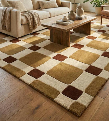 Checkered Wool Area Rug , Modern Brown Mustard Geometric Rug, Handmade Tufted