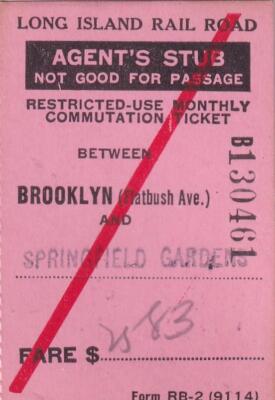 1961 Long Island Railroad Ticket Stub - Brooklyn Flatbush-Springfield Gardens NY