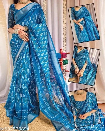 Women's New Printed Cotton Linen saree - Picture 8 of 10
